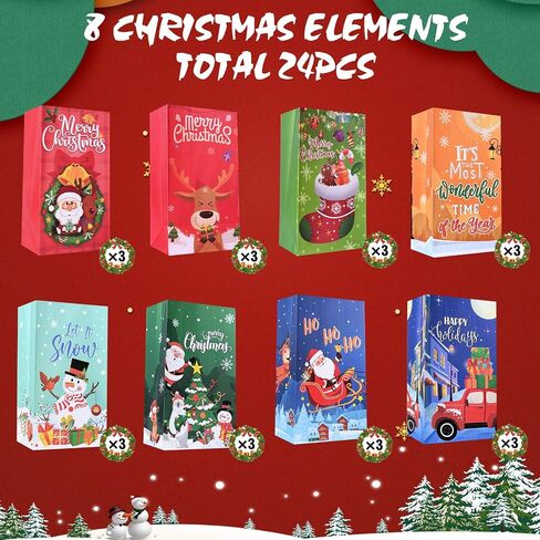 Christmas Treat Bags - 24 pcs Christmas Paper Treat Bags, Premium Christmas Candy Bags Treat Bags, Small Christmas Gift Bags, Christmas Goodies Bags for Party Favors, School Events, Christmas Party in Saudi Arabia