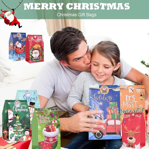 Christmas Treat Bags - 24 pcs Christmas Paper Treat Bags, Premium Christmas Candy Bags Treat Bags, Small Christmas Gift Bags, Christmas Goodies Bags for Party Favors, School Events, Christmas Party in Saudi Arabia