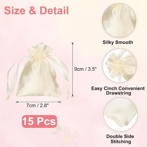 uxcell 15pcs Beige Satin Gift Bags with Drawstring, 3.5" x 2.8" Party Favor Bags Wedding Favor Bags Jewelry Drawstring Pouch Mini Gift Wrap Bags for Wedding Birthday Candy in Saudi Arabia