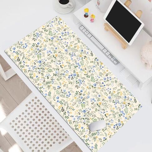 LB Blue Floral Mouse Pad Green Plant Leaf on Beige Desk Mat for Keyboard and Mouse Desk Pad Large Gaming Mousepad Rubber Base Mouse Pad for Desk Gaming Office Computer Laptop and Home, 31.5x15.7 inch in Saudi Arabia