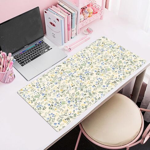 LB Blue Floral Mouse Pad Green Plant Leaf on Beige Desk Mat for Keyboard and Mouse Desk Pad Large Gaming Mousepad Rubber Base Mouse Pad for Desk Gaming Office Computer Laptop and Home, 31.5x15.7 inch in Saudi Arabia