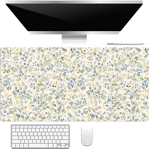 LB Blue Floral Mouse Pad Green Plant Leaf on Beige Desk Mat for Keyboard and Mouse Desk Pad Large Gaming Mousepad Rubber Base Mouse Pad for Desk Gaming Office Computer Laptop and Home, 31.5x15.7 inch in Saudi Arabia