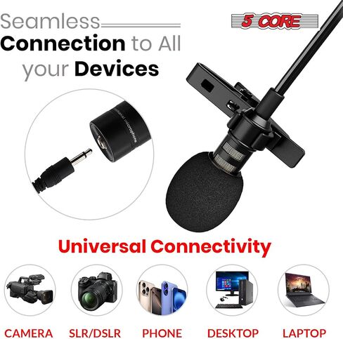 5 CORE Professional Omnidirectional Lavalier Microphone 3.5mm Clip-On Lapel Mic for Smartphone DSLR Camera PC Interview Video Camcorders Audio Recorder CM Mob 2M in Kuwait