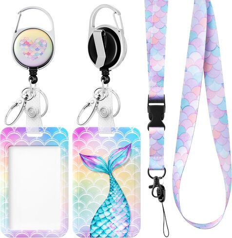 Mermaid ID Badge Holder with Breakaway Lanyard Badge Reel Cute Mermaid Tail Name Tag ID Card Case Strap Retractable Reel Clip Back to School Supplies for Girl Women Student Teacher Doctor Nurse Office in Saudi Arabia