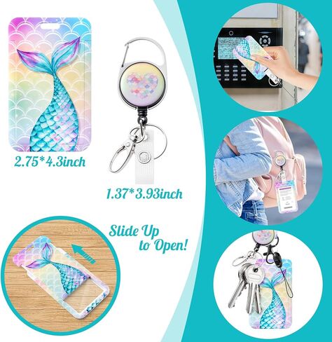 Mermaid ID Badge Holder with Breakaway Lanyard Badge Reel Cute Mermaid Tail Name Tag ID Card Case Strap Retractable Reel Clip Back to School Supplies for Girl Women Student Teacher Doctor Nurse Office in Saudi Arabia