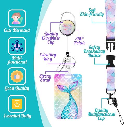 Mermaid ID Badge Holder with Breakaway Lanyard Badge Reel Cute Mermaid Tail Name Tag ID Card Case Strap Retractable Reel Clip Back to School Supplies for Girl Women Student Teacher Doctor Nurse Office in Saudi Arabia