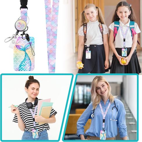 Mermaid ID Badge Holder with Breakaway Lanyard Badge Reel Cute Mermaid Tail Name Tag ID Card Case Strap Retractable Reel Clip Back to School Supplies for Girl Women Student Teacher Doctor Nurse Office in Saudi Arabia