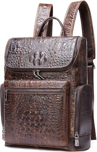 NIUCUNZH Premium Genuine Leather Laptop Backpack 14 Inch Large Capacity Daypack bag Travel Hiking Camping Crocodile Embossed Coffee in Saudi Arabia