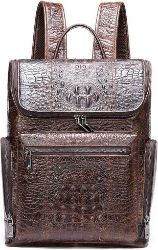NIUCUNZH Premium Genuine Leather Laptop Backpack 14 Inch Large Capacity Daypack bag Travel Hiking Camping Crocodile Embossed Coffee in Saudi Arabia