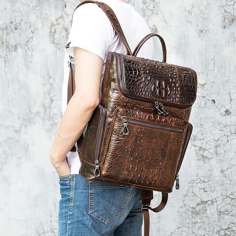 NIUCUNZH Premium Genuine Leather Laptop Backpack 14 Inch Large Capacity Daypack bag Travel Hiking Camping Crocodile Embossed Coffee in Saudi Arabia