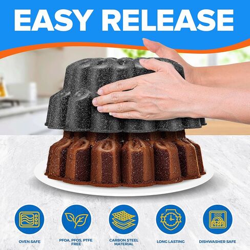 Baking Pan - Two-Layered Nonstick Gray Marble Coating, DieCast Aluminum Fluted Cake, Oven Safe (Up To 450 F), PFOA, PFOS, and PTFE Free, Recipe Booklet Included, Classic Gray in Kuwait