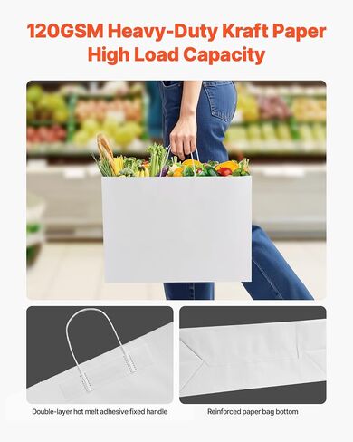 VEVOR Kraft Paper Bags with Handles, 50Pcs 16 x 6 x 12 in, Large Paper Grocery Bags, Reusable & Recycled Take-Out Sacks, Plain Party Bag Bulk for Birthday, Wedding, Business, Goody, White in Saudi Arabia