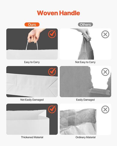VEVOR Kraft Paper Bags with Handles, 50Pcs 16 x 6 x 12 in, Large Paper Grocery Bags, Reusable & Recycled Take-Out Sacks, Plain Party Bag Bulk for Birthday, Wedding, Business, Goody, White in Saudi Arabia