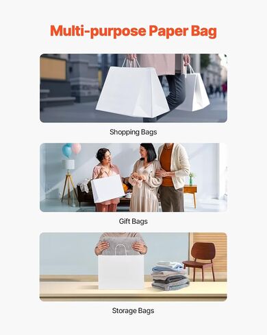 VEVOR Kraft Paper Bags with Handles, 50Pcs 16 x 6 x 12 in, Large Paper Grocery Bags, Reusable & Recycled Take-Out Sacks, Plain Party Bag Bulk for Birthday, Wedding, Business, Goody, White in Saudi Arabia