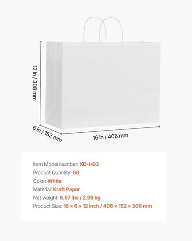 VEVOR Kraft Paper Bags with Handles, 50Pcs 16 x 6 x 12 in, Large Paper Grocery Bags, Reusable & Recycled Take-Out Sacks, Plain Party Bag Bulk for Birthday, Wedding, Business, Goody, White in Saudi Arabia