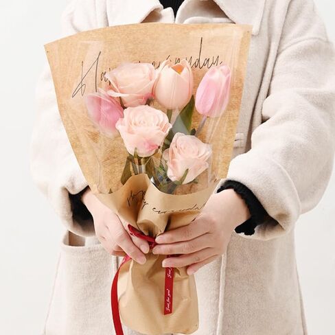 60 Pcs Flower Wrapping Bags 11 x 5.1 x 17.3in Kraft Paper Flower Sleeves for Bouquet Clear Flower Wrapping Paper Multiple Flower Packaging Bag for Valentine’s Day Mother's Day Wedding (Coffee) in Saudi Arabia