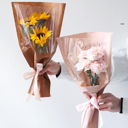 60 Pcs Flower Wrapping Bags 11 x 5.1 x 17.3in Kraft Paper Flower Sleeves for Bouquet Clear Flower Wrapping Paper Multiple Flower Packaging Bag for Valentine’s Day Mother's Day Wedding (Coffee) in Saudi Arabia