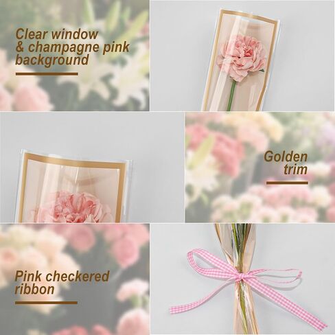 Hipruict Single Rose Sleeves, 150 Pcs Single Flower Wrapping Bags with Checkered Ribbon, Suitable for Graduation, Wedding, Mother's Day, Valentine's Day (Champagne Pink) in Saudi Arabia