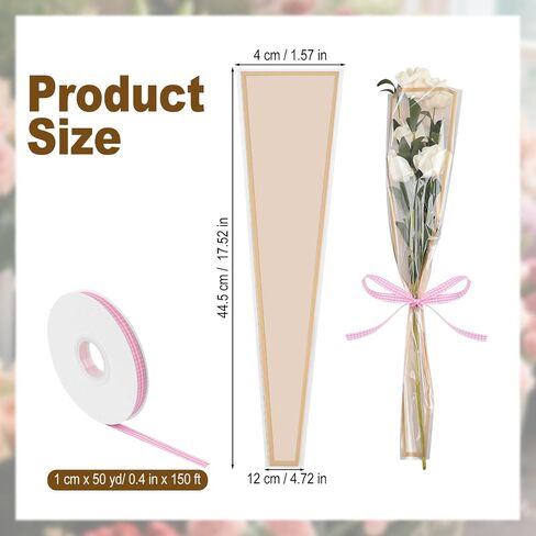 Hipruict Single Rose Sleeves, 150 Pcs Single Flower Wrapping Bags with Checkered Ribbon, Suitable for Graduation, Wedding, Mother's Day, Valentine's Day (Champagne Pink) in Saudi Arabia