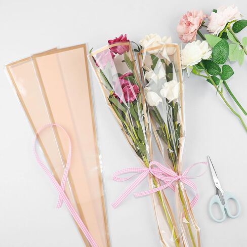 Hipruict Single Rose Sleeves, 150 Pcs Single Flower Wrapping Bags with Checkered Ribbon, Suitable for Graduation, Wedding, Mother's Day, Valentine's Day (Champagne Pink) in Saudi Arabia