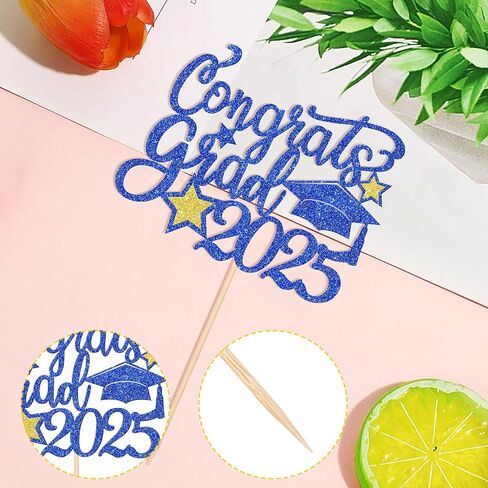 1 PCS Class of 2025 Cake Topper Black Glitter Congrats Grad Cap Diploma 2025 Cake Pick for 2025 Thream Teep Party Cake Decorations Supplies Blue in Saudi Arabia