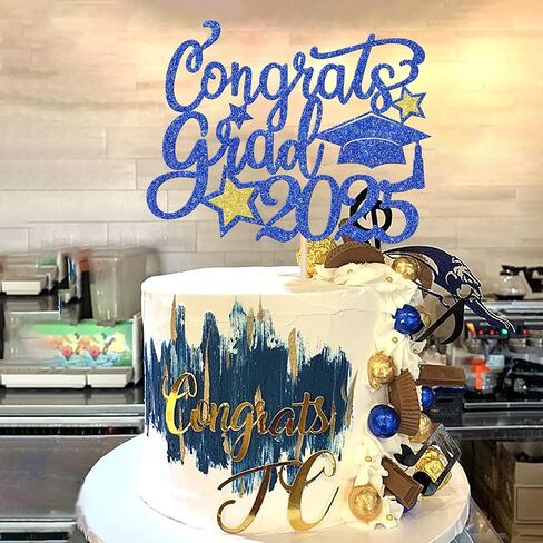 1 PCS Class of 2025 Cake Topper Black Glitter Congrats Grad Cap Diploma 2025 Cake Pick for 2025 Thream Teep Party Cake Decorations Supplies Blue in Saudi Arabia