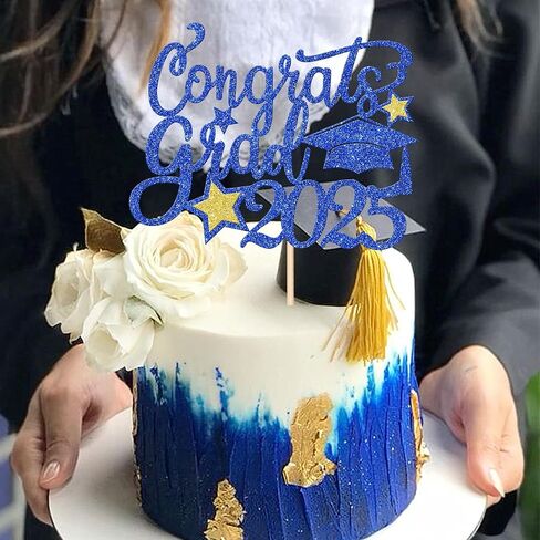 1 PCS Class of 2025 Cake Topper Black Glitter Congrats Grad Cap Diploma 2025 Cake Pick for 2025 Thream Teep Party Cake Decorations Supplies Blue in Saudi Arabia