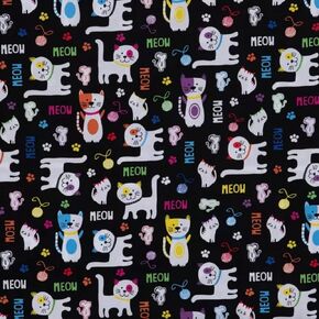 Meow Cat on Black Precut Callico Cotton Fabric by The Yard - Kitten Cat Pet Fabric - One Yard