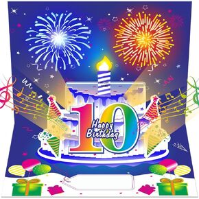 10th Birthday Cards Pop Up 3D Cake - Firework & Music & Blow Out Candle Light Funny Happy 10th Blue Colorful Birthday Card Gifts Party Decor for Kids, Boys, Girls, Son, Daughter, Grandson