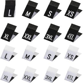 ANCIRS 320 Pack XS/S/M/L/XL/2XL/3XL/4XL Size Labels for Clothing, Sew-On Cotton Crafting Embroidered Size Tags for Shirts Dress (160pcs Black & 160pcs White)