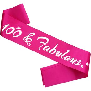 100 & Fabulous Birthday Sash, 100th Birthday Gifts idea for women, Funny 100th Birthday Party Suppiles, Hot Pink+ Silver(100 & Fabulous)