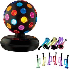 Kicko Spinning Disco Ball with LED Lights - for Parties, Lighting, Halloween- 11 Inches Tall & Metallic Trumpet Toys - 12 Pack - Assorted Colors - Shiny Plastic Blow Horn for Kids, Party Favor