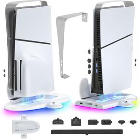 محطة تبريد نحيفة لجهاز PS5، قاعدة شحن RGB PS5 مع مروحة تبريد وشاحن وحدة تحكم، لقرص وحدة التحكم PS5 النحيفة/الرقمية، تتضمن 10 فتحات لتخزين الألعاب، وإضاءة RGB وكابل شحن 2 في 1