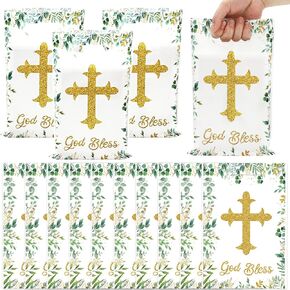 JARTHENAAMCS 50PCS First Compleliion Party تفضل الحقائب المعمودية الله يبارك الحلوى البلاستيكية Goodie معالجة الأكياس مع مقابض للهدية تعبئة ملفات تعريف الارتباط للوجبات الخفيفة