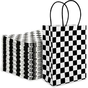 JARTHENAAMCS 100PCS CHECHERED RACING KRAFT PAPER BAVES مع مقابض - سيارة سباق ، عيد ميلاد ، دش الطفل ، حفل زفاف - 15 × 8 × 21 سم/5.9 × 3.1 × 8.3 بوصة - أكياس هدايا مسبقة بالأبيض والأسود والأبيض