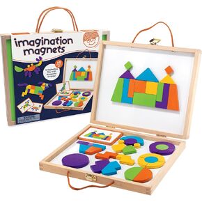 Mindware Imagination Magnets Clocks Wooden Pattern Clics - لعب خيالي مع أشكال أرجواني في حالة حمل - 42 كتل خشبية صلبة مغناطيسية ، 50 ألغاز مغلفة بألوان كاملة