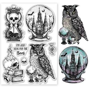 GLOBLELAND Magic Crystal Ball Owl and Candles Clear Stamps for Cards Making Magic Skeleton Silicone Clear Stamp Seals Transparent Stamps for DIY Scrapbooking Photo Album Journal Home Decoration