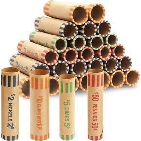 512 Pieces Assorted Coin Wrappers Rolls Preformed Coin Wrappers Coin Rollers Coin Paper Rolls Coin Wrapping Tubes Includes 128 Quarters, 128 Pennies, 128 Nickels and 128 Dimes for Bank and Office