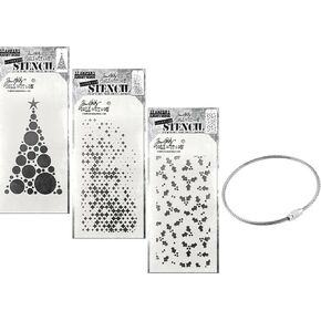 Bundle - Stampers Anonymous - Tim Holtz - Stency Layering - شجرة حديثة ، تتلاشى التألق و Tiny Holly - شتاء 2024 إصدار - مع حلقة التخزين - THS187 THS188 THS189