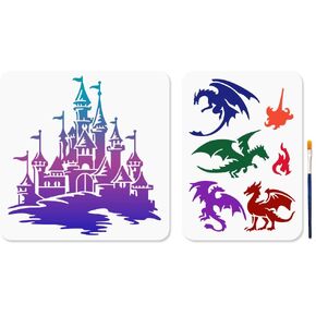 Mayjoydiy 2pcs Dragon Animal Stencil Castle Painting stencil 11.8 × 11.8/11.7 × 8.3 بوصة مع فرشاة الطلاء Flying Dragon Flame Art قالب القلعة القابلة لإعادة الاستخدام