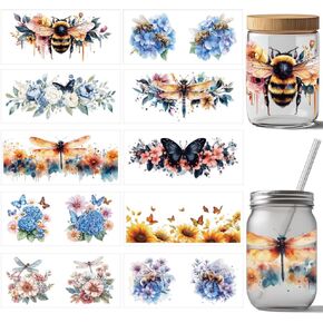 arricraft 10 Pcs Insects UV DTF Cup Wrap Transfer Sticker, 10 Styles Bee Butterfly Dragonfly Plant Transfer Paper Rub on Stickers PVC Cup Wrap Waterproof Rub Decals for Cup Glass 24x11cm/9.4x11inch