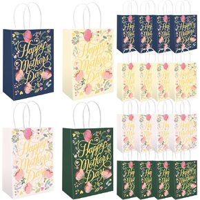 anydesign 16pcs Happy Mother's Paper Paper Bag Bag Gold Foil Foil Foil Foil Foil Foil Foil Foil with Handle 4 Designs Flower Goody Bag for Party Favor Supplies ، 5.9 × 8.3 × 3.1 بوصة