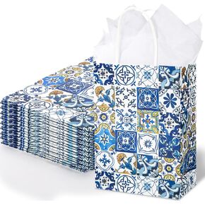 JARTHENAAMCS 24PCS أكياس الورق البلاط الأزرق مع ورقة الأنسجة خمر حقيبة هدايا البحر الأبيض المتوسط ​​مع مقبض الحلوى جيدة الحقائب لاستشارة الطفل لحفل الزفاف اللوازم