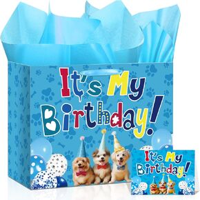 Puppy Paw Print Gift Bag for Dog Birthday Party Supplies - Large Wrapping Bag with Tissue Paper, Greeting Card and Decorations