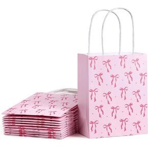 Wrapaholic 12 Pack 7 "Small Kraft Pink Bow Paper Gift - Pink Ribbon Bow Gift For Birls Birthday و Baby Shower و Wedding و Bridal Shower