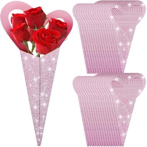 60 PCS عيد الأم أكمام زهرة واحدة ، صناديق القلب للأزهار 18 × 4 بوصة الورق باوكيه الورق الحب الحب أكياس باقة الأزهار لروز روز Brithday Mother's Bag Hage