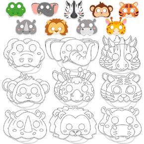 63 Set Animal Coloring Mask Jungle Paper Art Craft Kids Color Your Own Safari Lion Blank DIY Mask Masquerade Birthday Party Dress-Up Decoration Favor School Classroom Activity Game Supplies