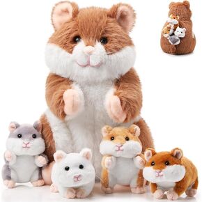 Deekin 5 PCS Hamster محشو الحيوانات مجموعة 14 بوصة الهامستر الأم مع 4 أطفال محضرة في البطن في بطن لطيف هدايا للألعاب للأطفال ديكور حفلة عيد ميلاد الأطفال