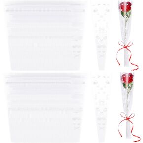 Hmxpls 100 Pcs Single Flower Sleeve Clear Single Rose Sleeve Flower Wrapping Bags Plastic Single Rose Packaging Bags for Birthday Wedding Flower Gifts Supplies (White)