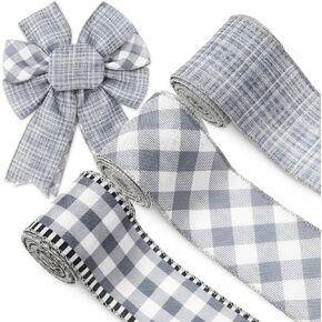 Buffalo Plaid السلكية حافة الشريط الرمادي الشريط المزرعة الشريط مزرعة الشريط من أجل القوس الزهور صنع غلاف هدايا DIY ، 3 لفات ، 18 ياردة